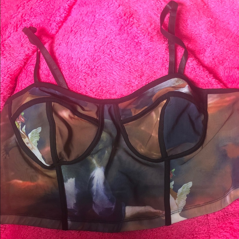 SHEIN Black Sheer Angel-Print Bustier Top